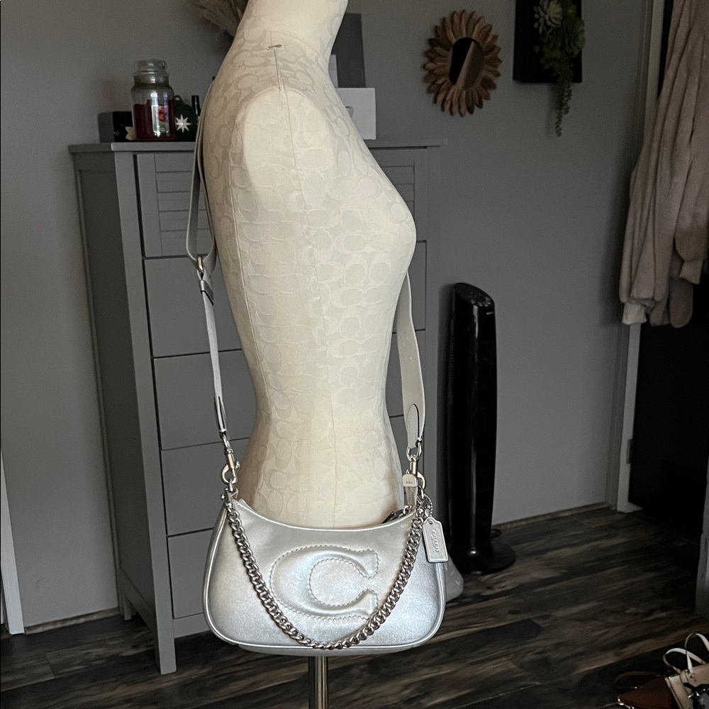 Coach Silver Shoulder Bag with Chain Accent